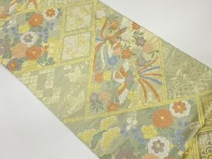 菱・尾長鶏に草花模様織出し袋帯